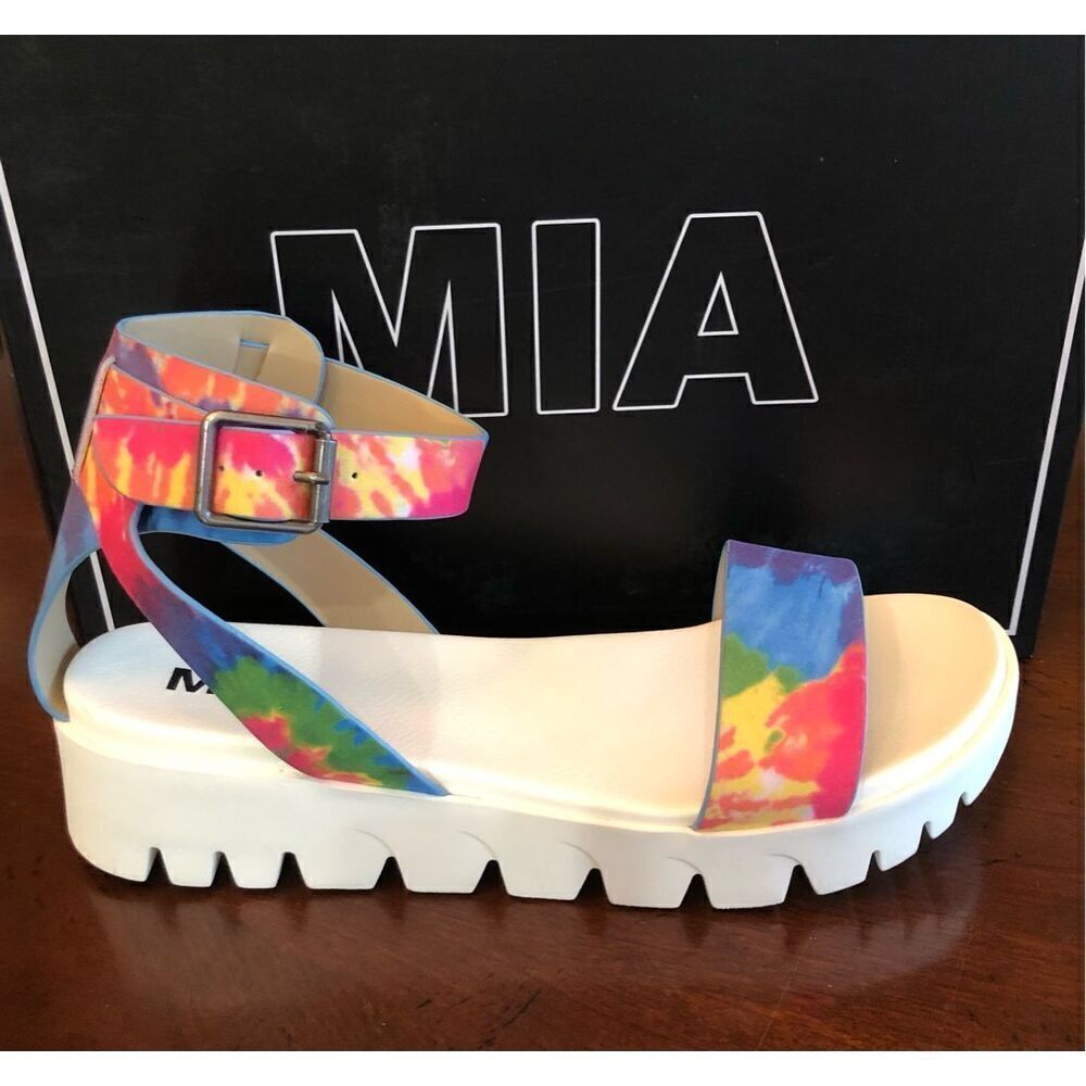MIA - NWT - L Sz 8 "Madi" Tie-Dye Platform Sandal in Rainbow Colors & White Sole